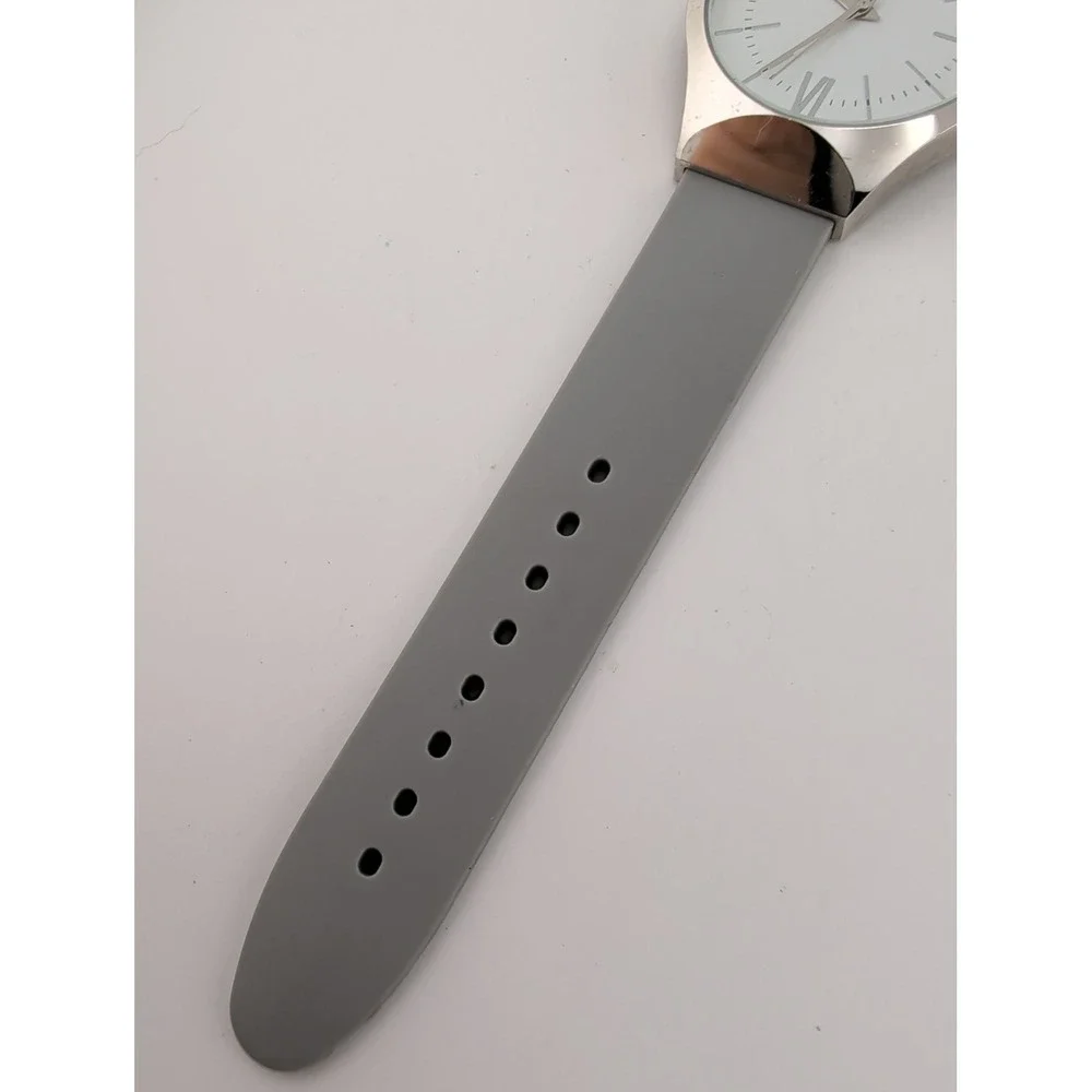 Women's Watch 38mm Silver Case Gray Silicone Band- New Battery